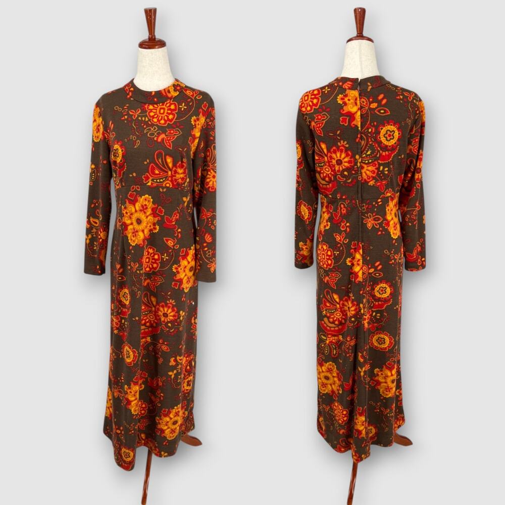70s Vintage Mod Brown Floral Paisley Long Sleeve Boho Maxi Dress